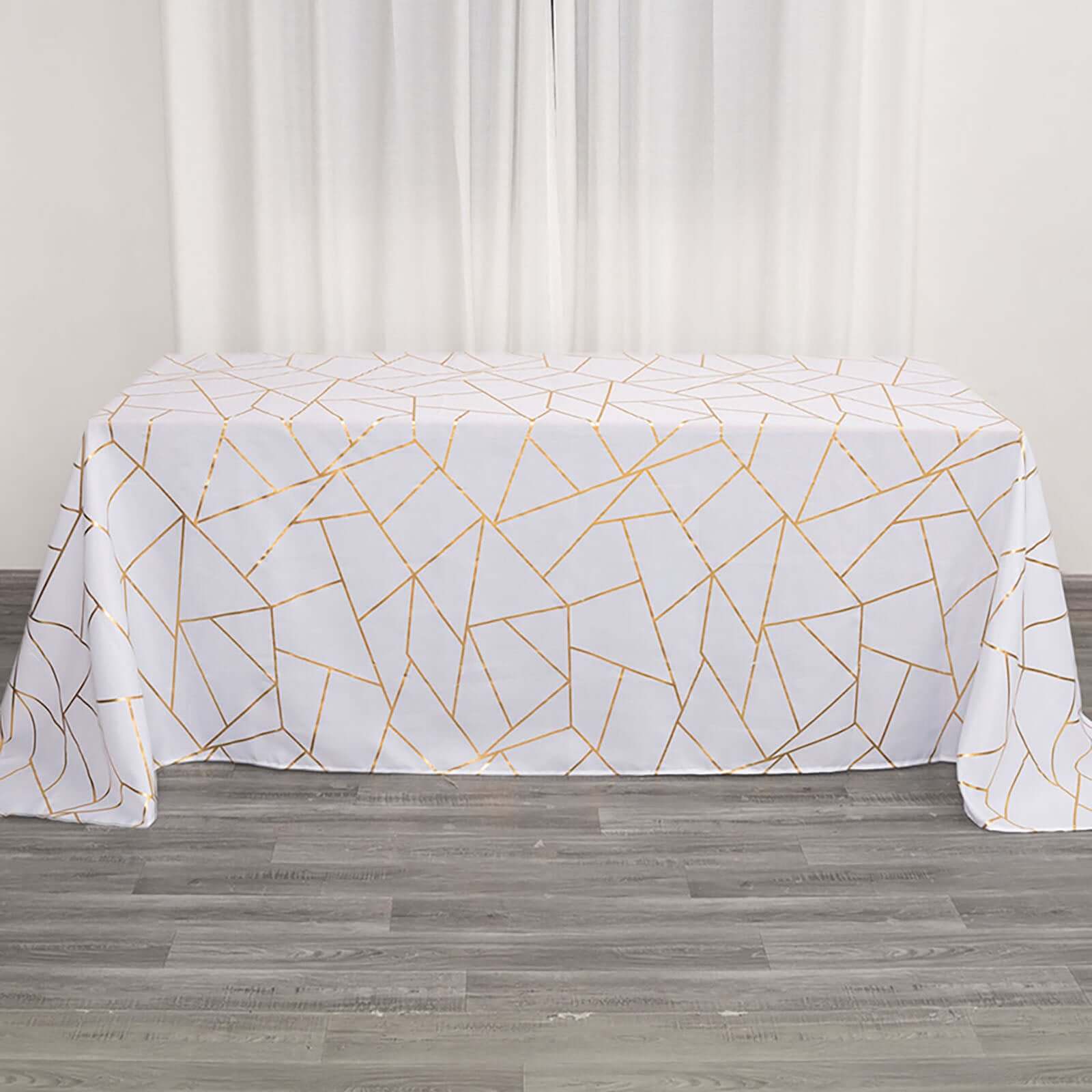 Polyester 90"x132" Rectangle Tablecloth White Seamless with Gold Foil Geometric Pattern - Wrinkle-Resistant Seamless Table Cover for Sophisticated Events
