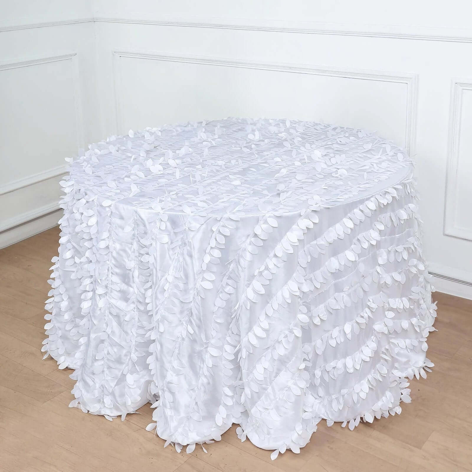 Taffeta 120" Round Tablecloth White | 3D Leaf Petal Design Seamless Table Cover for Chic Wedding & Event Decor