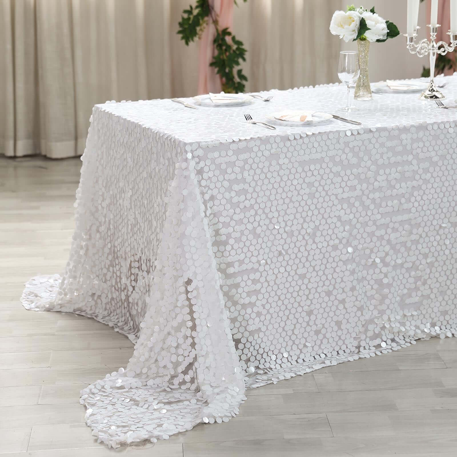 Sequin 90"x156" Rectangle Tablecloth White - Seamless Big Payette Table Cover