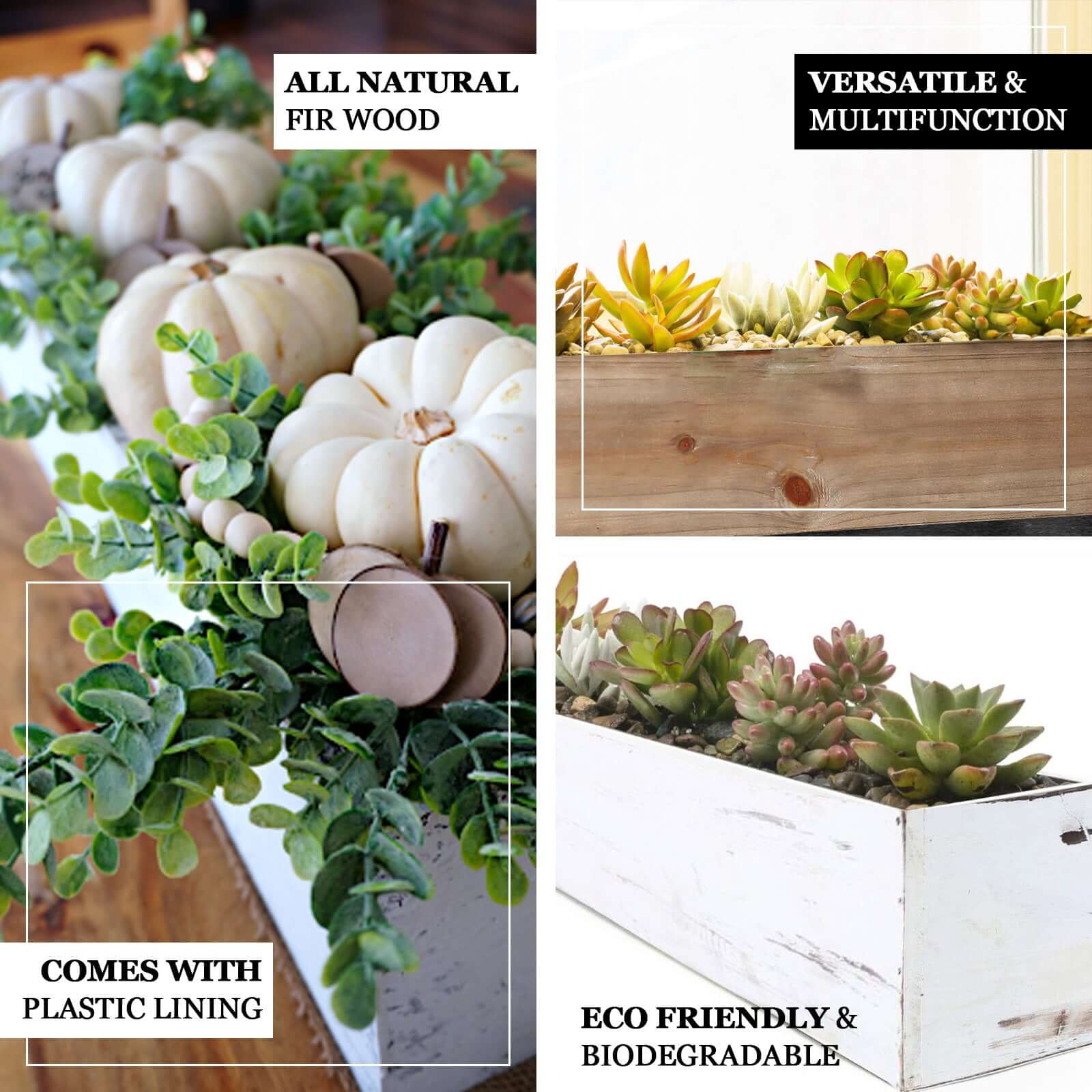 White Wood Planter Rectangular Box 30"x6"- Durable Decor with Removable Plastic Liner for Tables