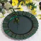 6-Pack Acrylic Plastic Round Charger Plates 13" in Hunter Emerald Green with Gold Brushed Wavy Scalloped Rim