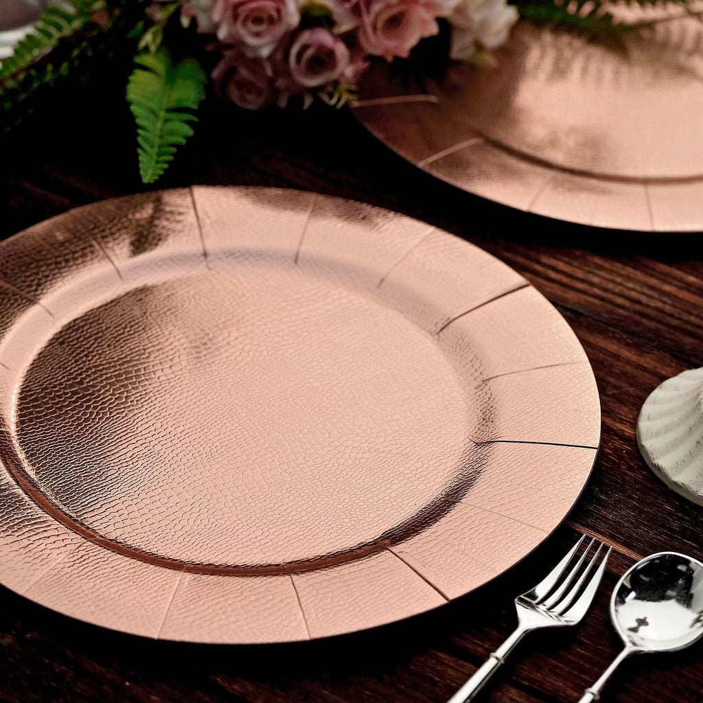 10-Pack Disposable Round Charger Plates in Rose Gold with Leathery Texture - Durable 1100GSM Cardboard Placemats 13"