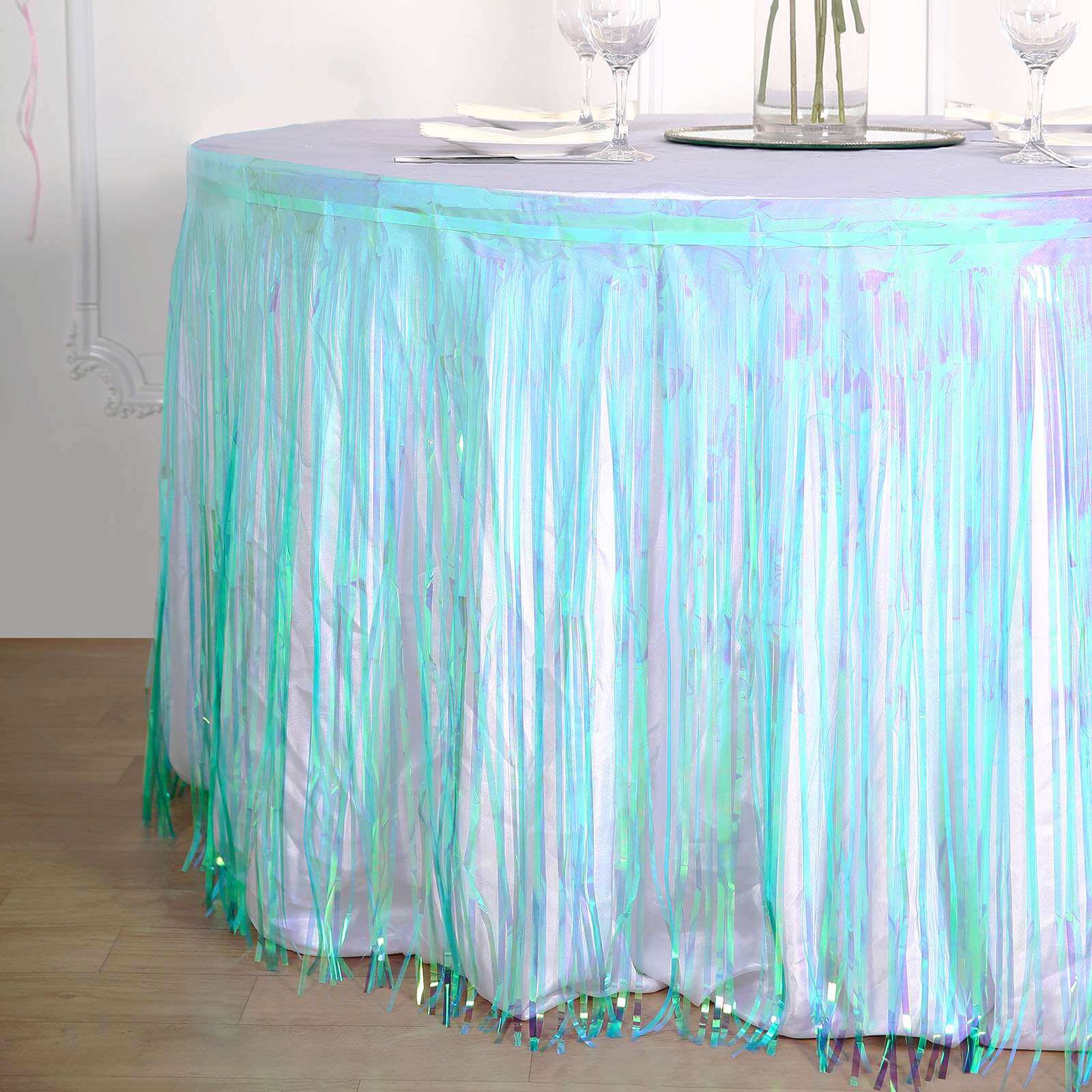 Metallic Foil Fringe Table Skirt Iridescent Blue with Self Adhesive Backing - Durable Tinsel Skirt for Parties 30"x9ft