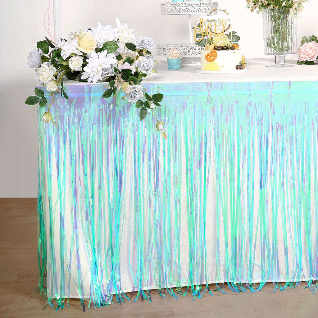 Metallic Foil Fringe Table Skirt Iridescent Blue with Self Adhesive Backing - Durable Tinsel Skirt for Parties 30"x9ft