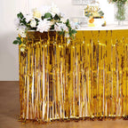 Metallic Foil Fringe Table Skirt Gold with Self Adhesive Backing - Durable Tinsel Skirt for Parties 30"x9ft