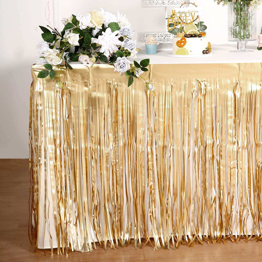 Metallic Foil Fringe Table Skirt Matte Gold with Self Adhesive Backing - Durable Tinsel Skirt for Parties 30"x9ft