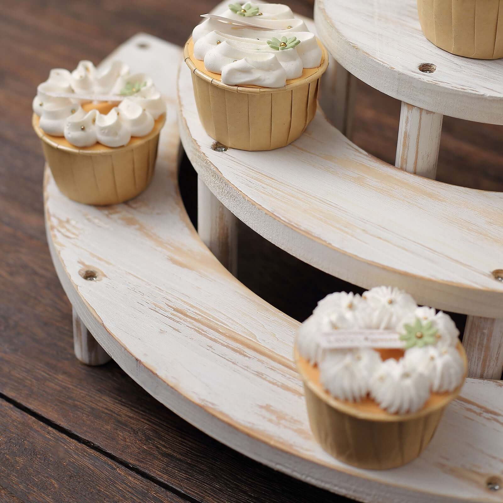 Set of 3 Wooden Dessert Pedestals Rustic Whitewashed 3-Tier Semicircle Design - Half Moon Cupcake Display Risers 7", 13", 18"