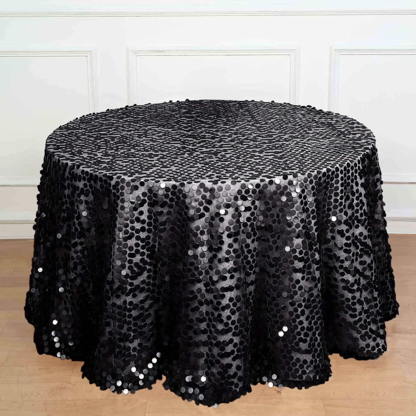 Sequin 120" Round Tablecloth Black - Seamless Big Payette Design for Luxe Celebrations - NestOCart