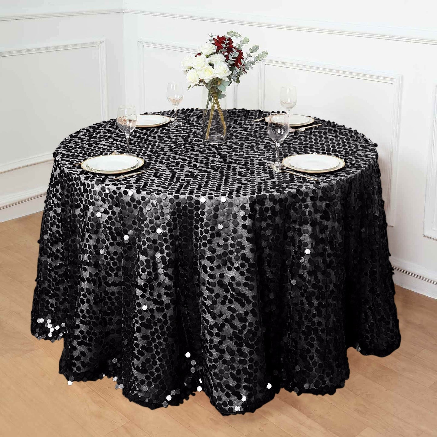 Sequin 120" Round Tablecloth Black - Seamless Big Payette Design for Luxe Celebrations - NestOCart