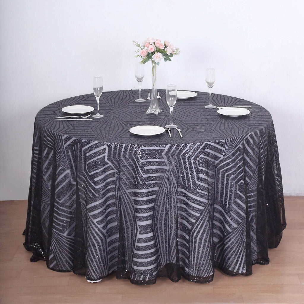 Sequin 120" Round Tablecloth Black - Seamless Diamond Glitz Table Cover - Bell Racket Store