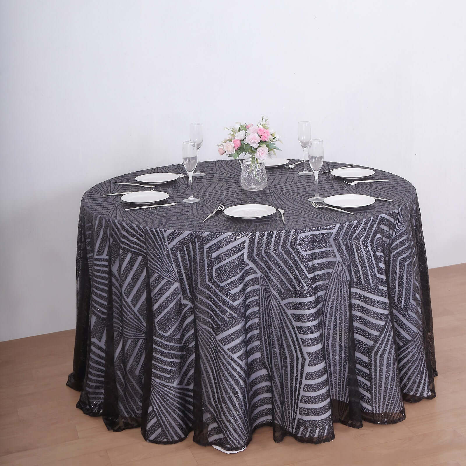 Sequin 120" Round Tablecloth Black - Seamless Diamond Glitz Table Cover - Bell Racket Store