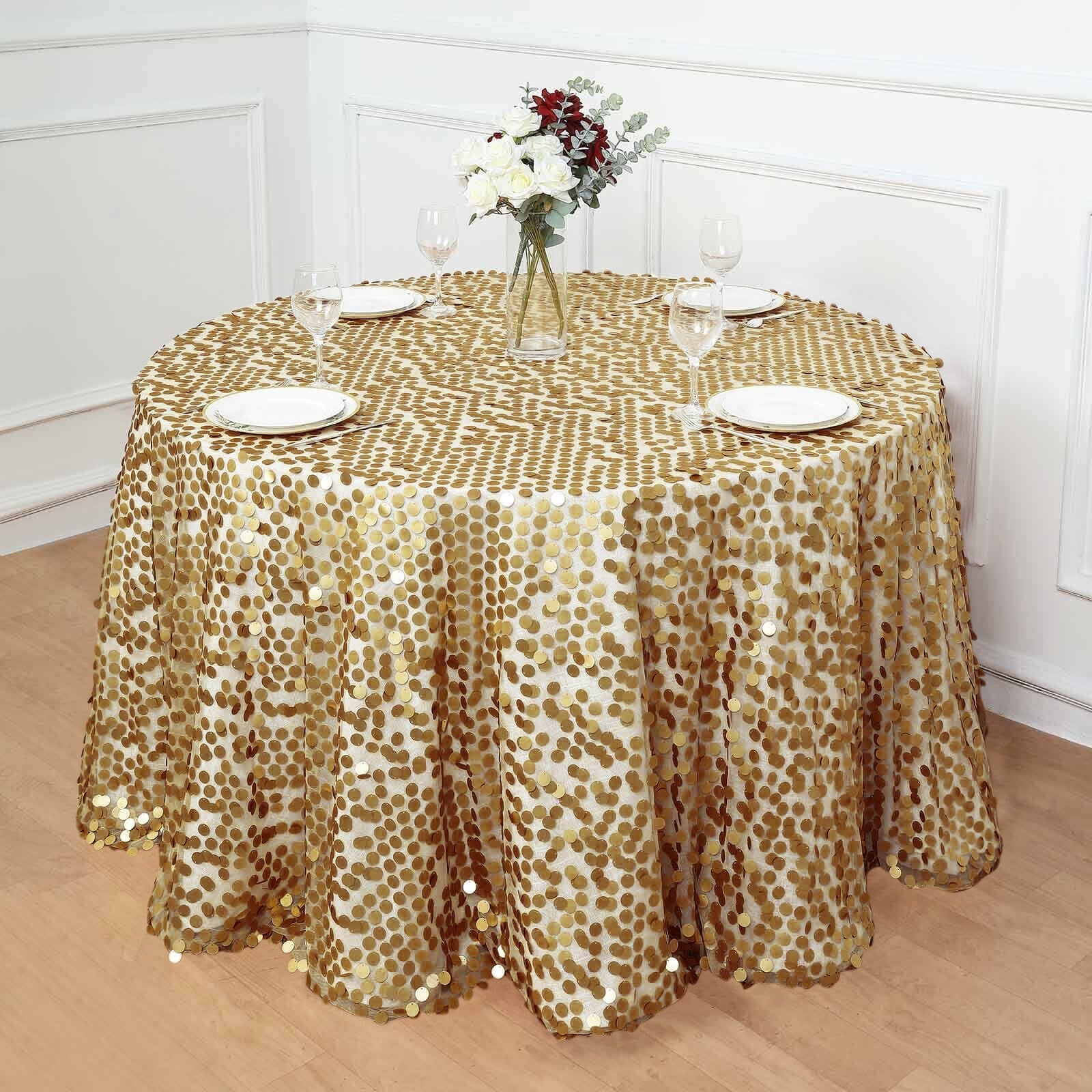 Sequin 120" Round Tablecloth Champagne - Seamless Big Payette Table Cover - NestOCart