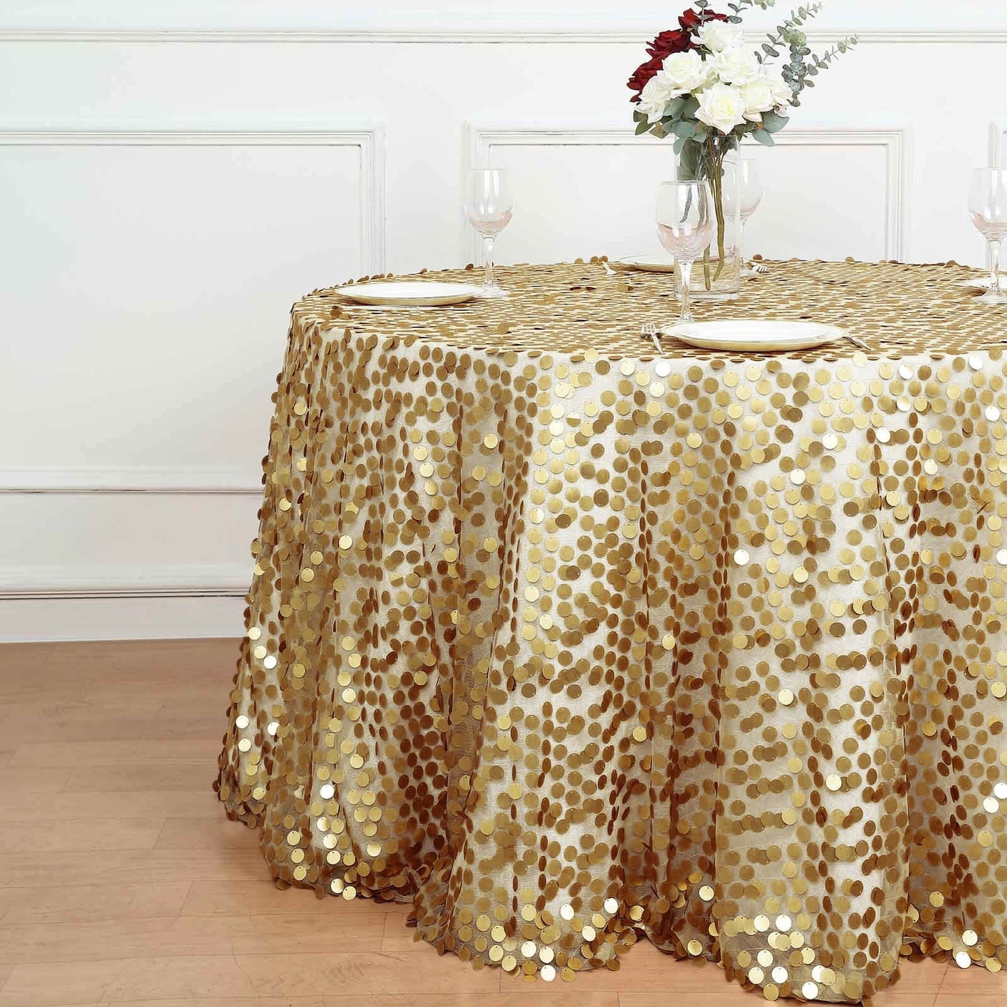 Sequin 120" Round Tablecloth Champagne - Seamless Big Payette Table Cover - NestOCart