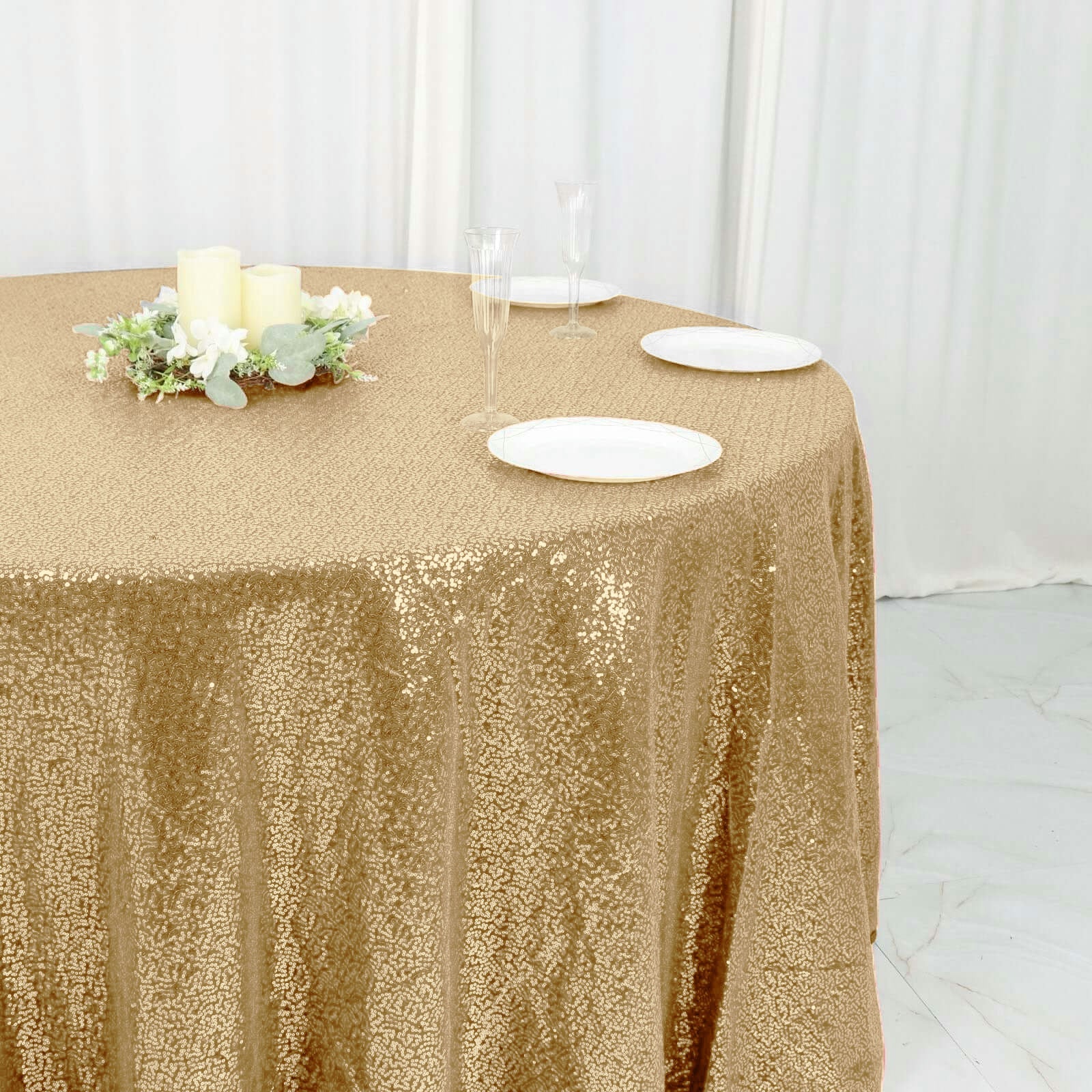Sequin 120" Round Tablecloth Champagne - Seamless Glittering Table Cover - NestOCart
