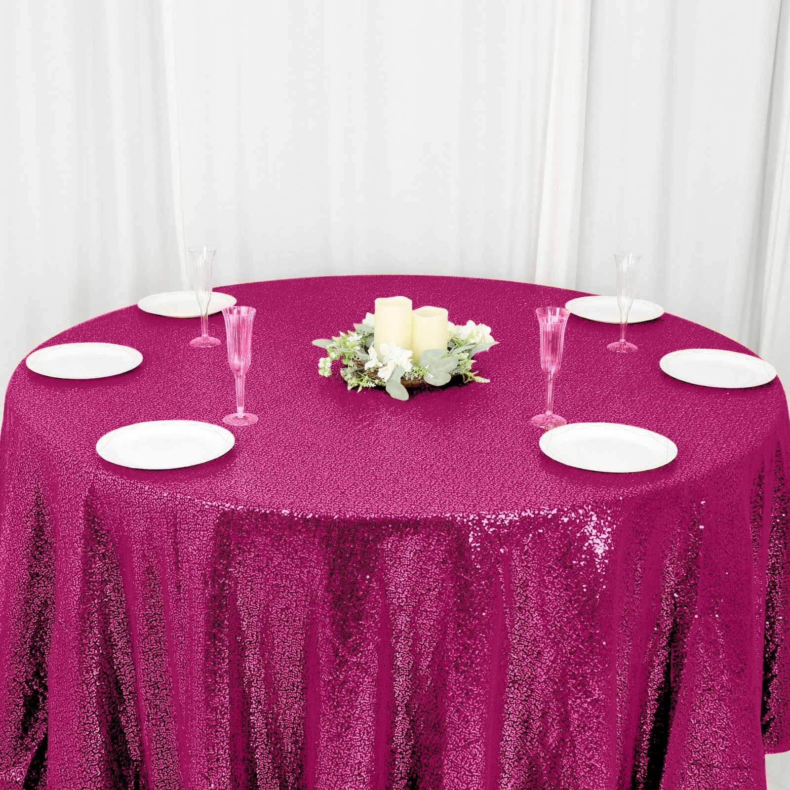 Sequin 120" Round Tablecloth Fuchsia - Seamless Glittering Table Cover - NestOCart