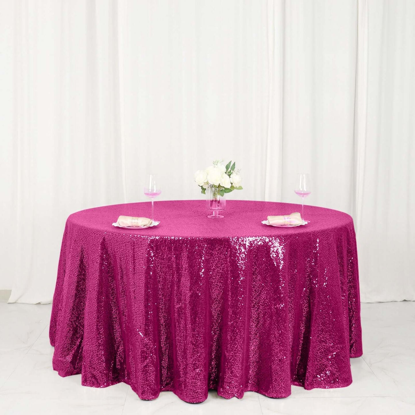 Sequin 120" Round Tablecloth Fuchsia - Seamless Glittering Table Cover - NestOCart