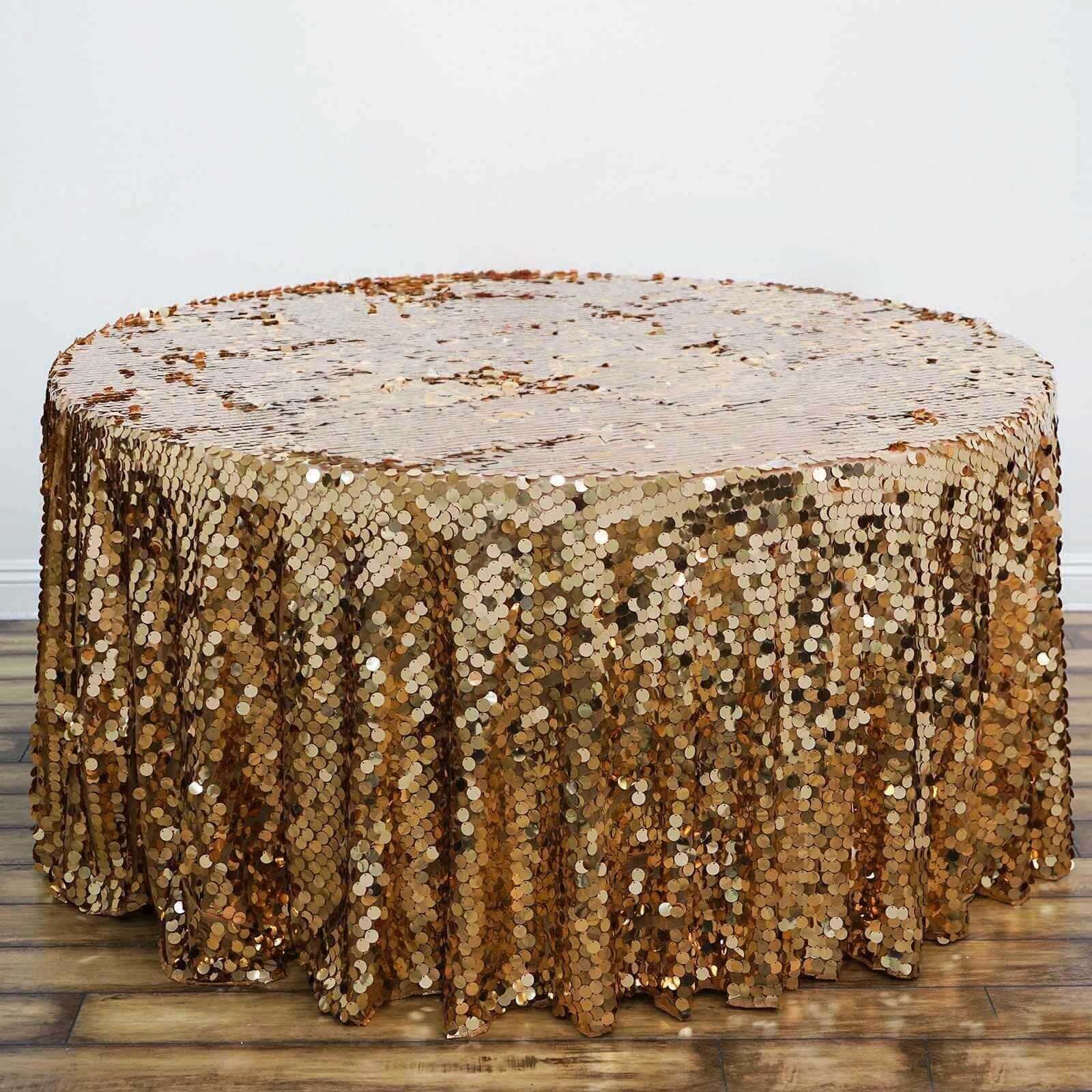 Sequin 120" Round Tablecloth Gold - Seamless Big Payette Design for Luxe Celebrations - NestOCart