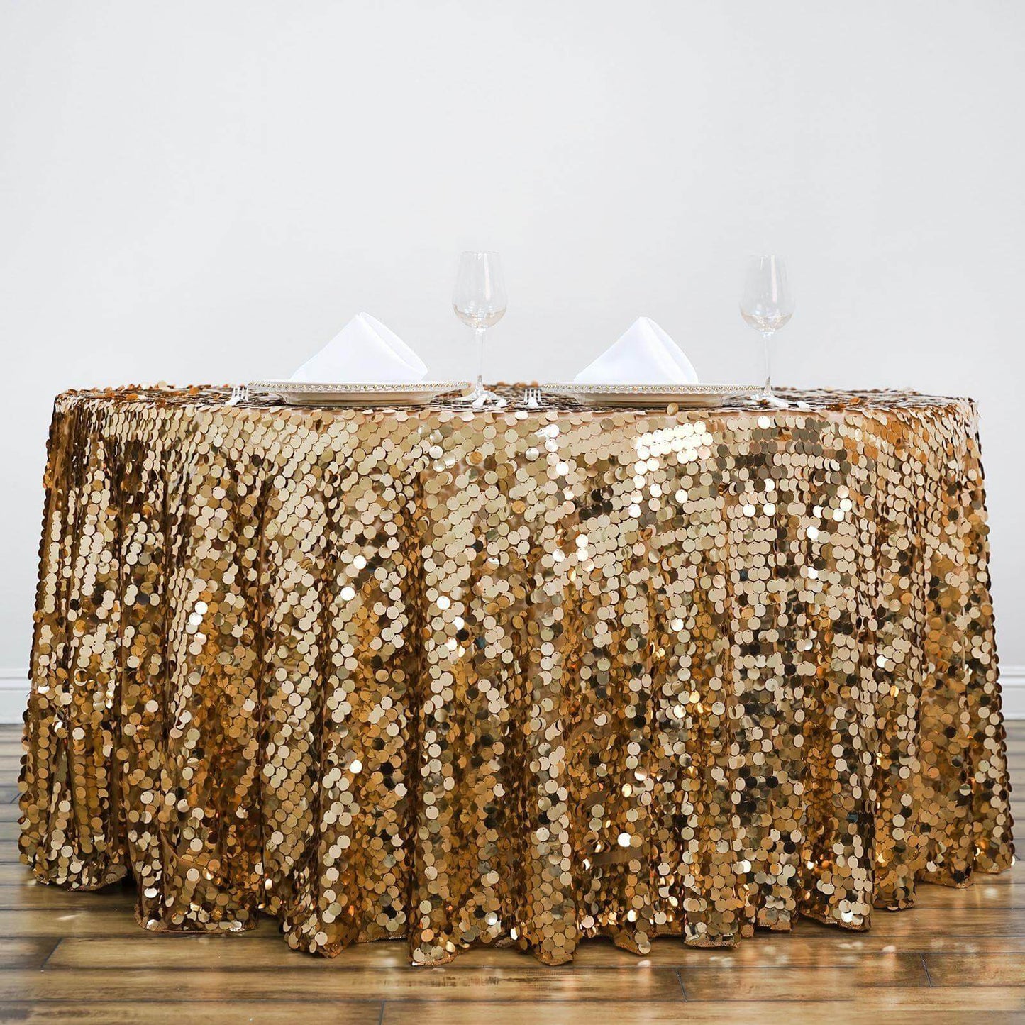 Sequin 120" Round Tablecloth Gold - Seamless Big Payette Design for Luxe Celebrations - NestOCart