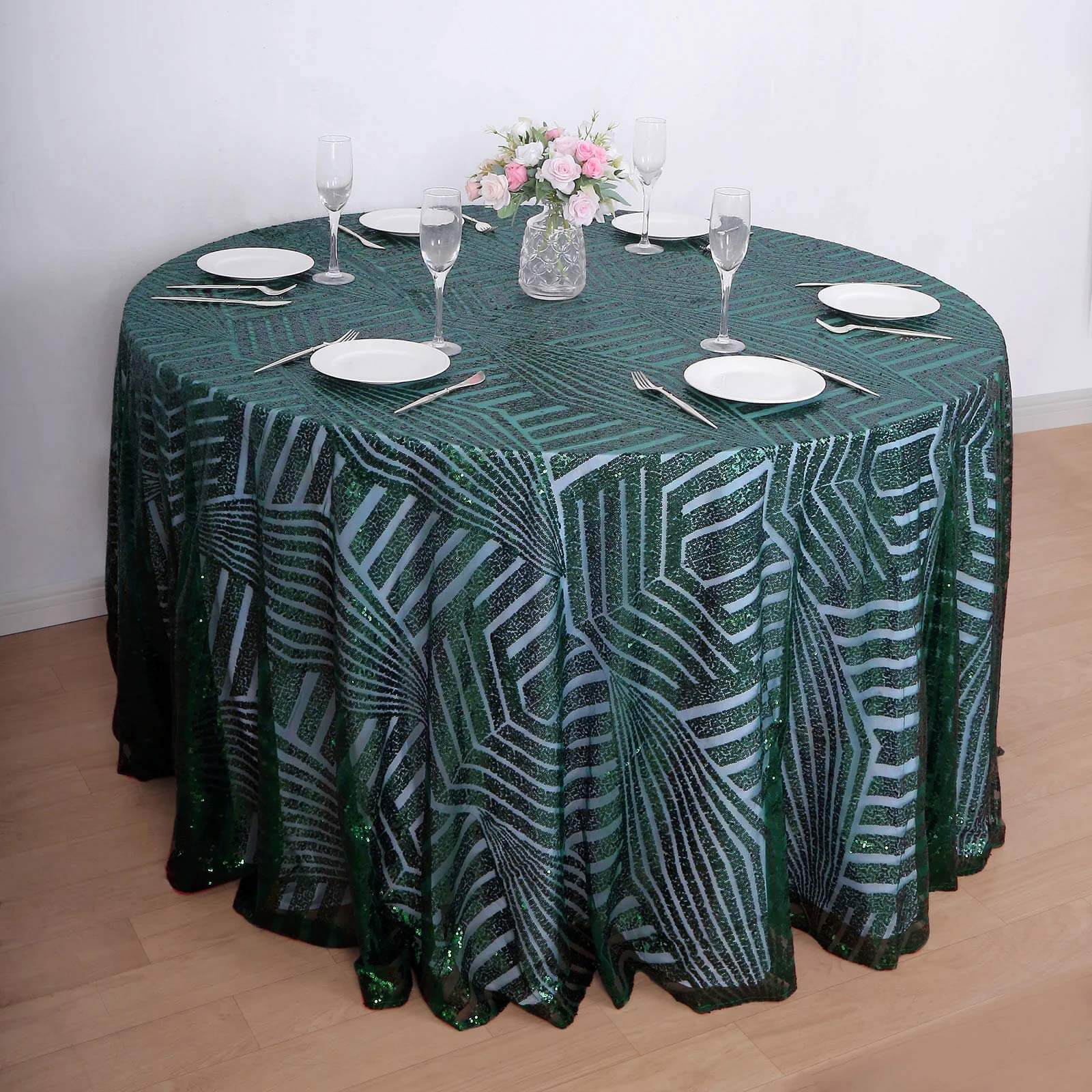 Sequin 120" Round Tablecloth Hunter Emerald Green - Seamless Diamond Glitz Table Cover - Bell Racket Store
