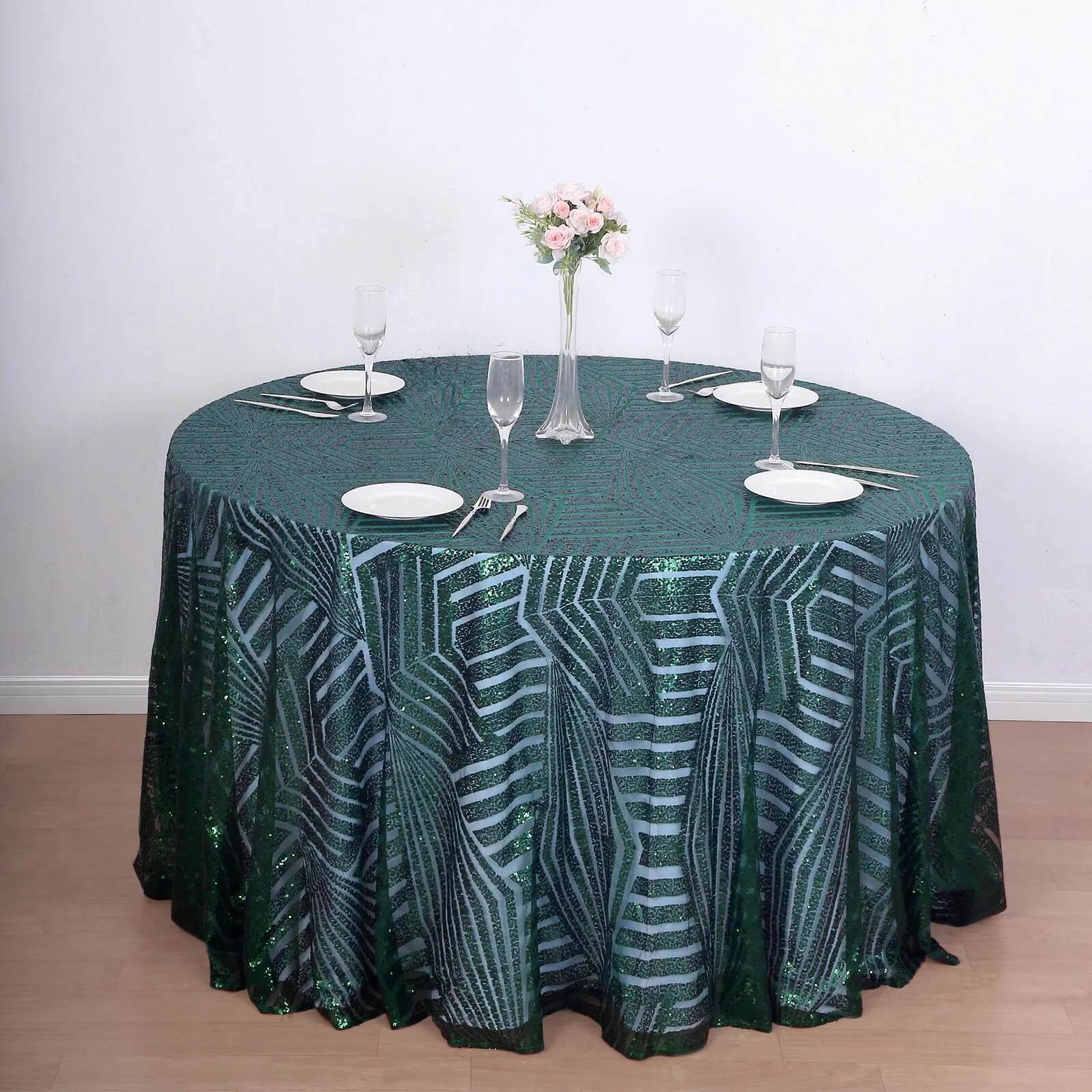 Sequin 120" Round Tablecloth Hunter Emerald Green - Seamless Diamond Glitz Table Cover - Bell Racket Store