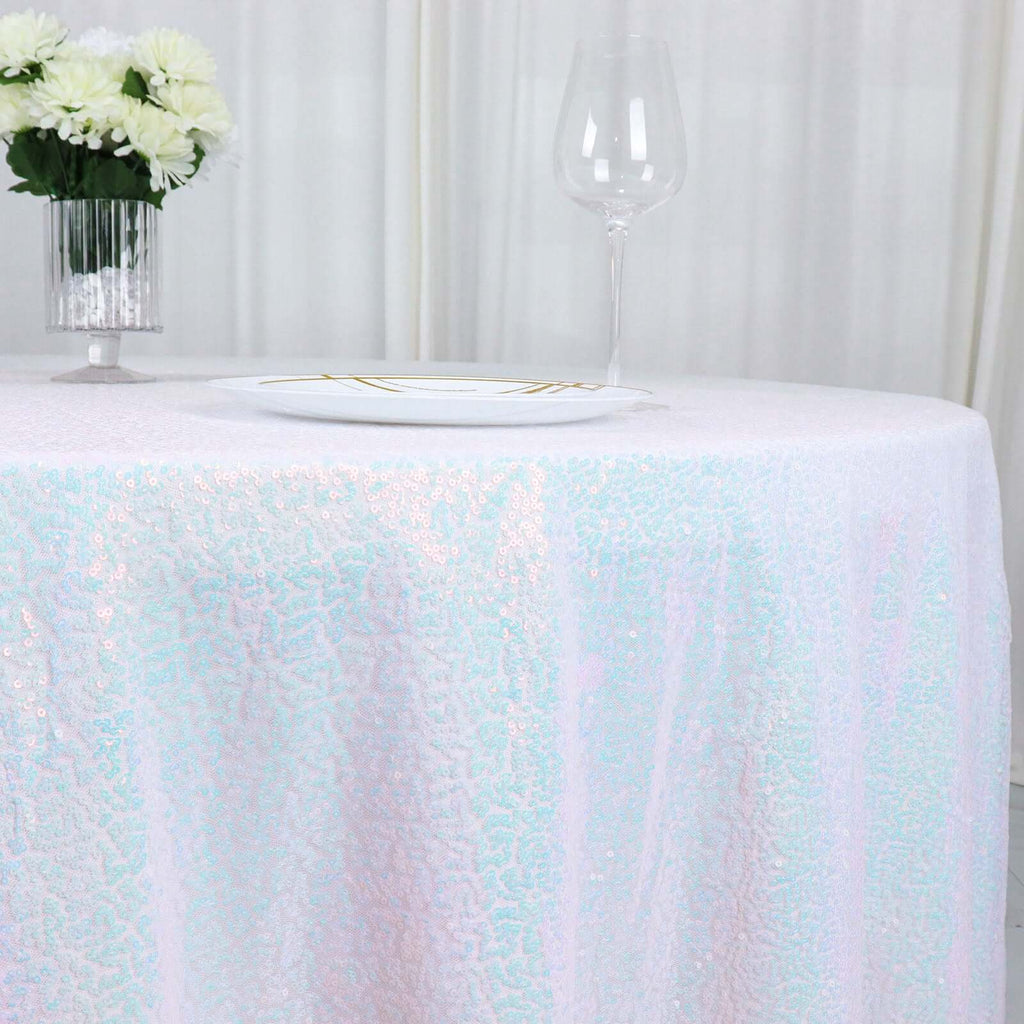 Sequin 120" Round Tablecloth Iridescent Blue - Seamless Glittering Table Cover - Bell Racket Store