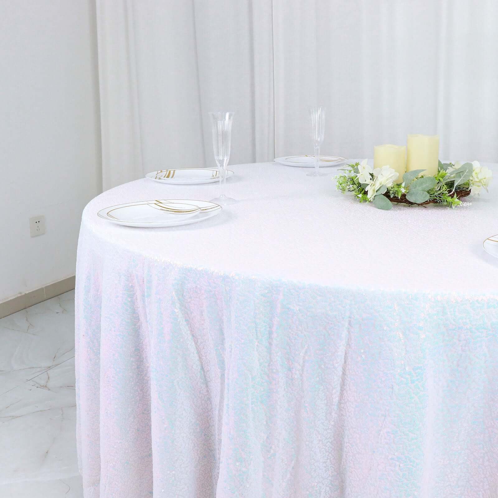 Sequin 120" Round Tablecloth Iridescent Blue - Seamless Glittering Table Cover - Bell Racket Store