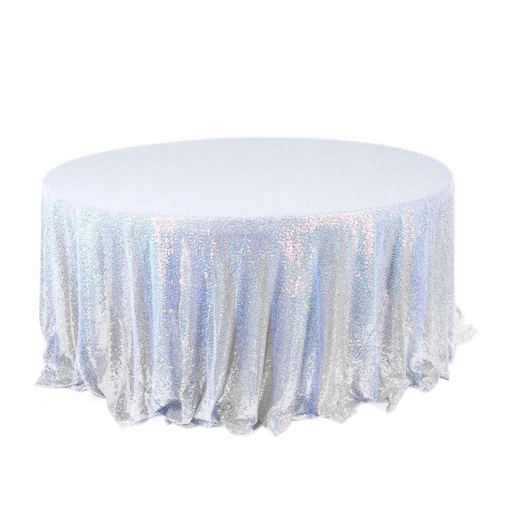 Sequin 120" Round Tablecloth Iridescent Blue - Seamless Glittering Table Cover - Bell Racket Store