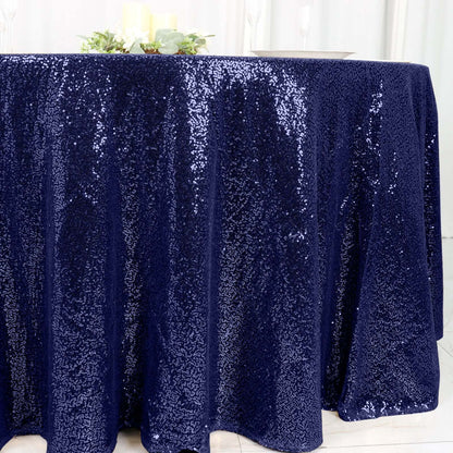 Sequin 120" Round Tablecloth Navy Blue - Seamless Glittering Table Cover - NestOCart
