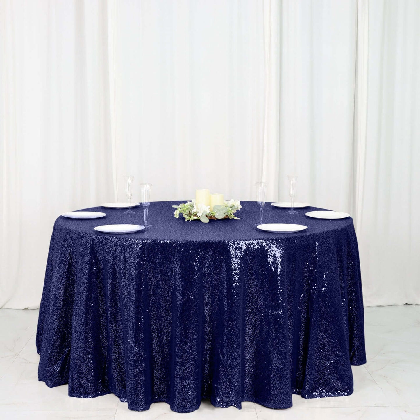 Sequin 120" Round Tablecloth Navy Blue - Seamless Glittering Table Cover - NestOCart