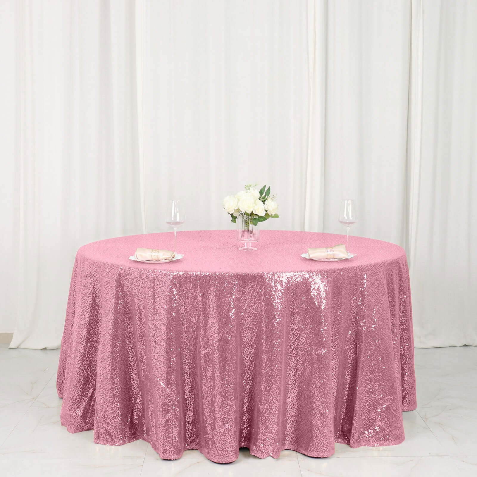 Sequin 120" Round Tablecloth Pink - Seamless Glittering Table Cover - NestOCart