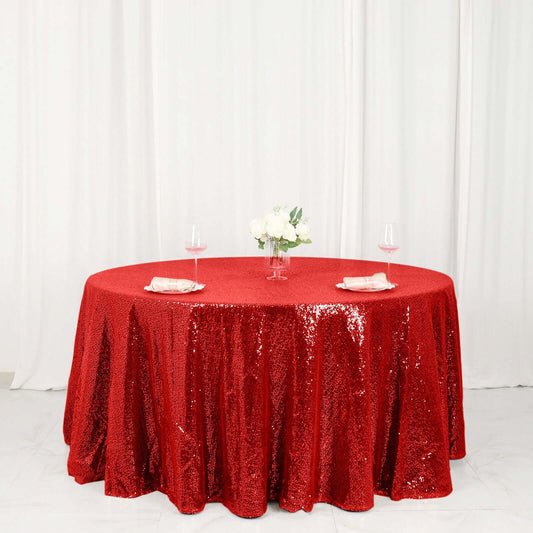Sequin 120" Round Tablecloth Red - Seamless Glittering Table Cover - NestOCart