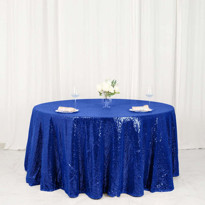 Sequin 120" Round Tablecloth Royal Blue - Seamless Glittering Table Cover - NestOCart