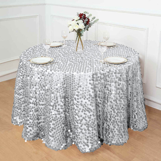 Sequin 120" Round Tablecloth Silver - Seamless Big Payette Design Table Cover - NestOCart