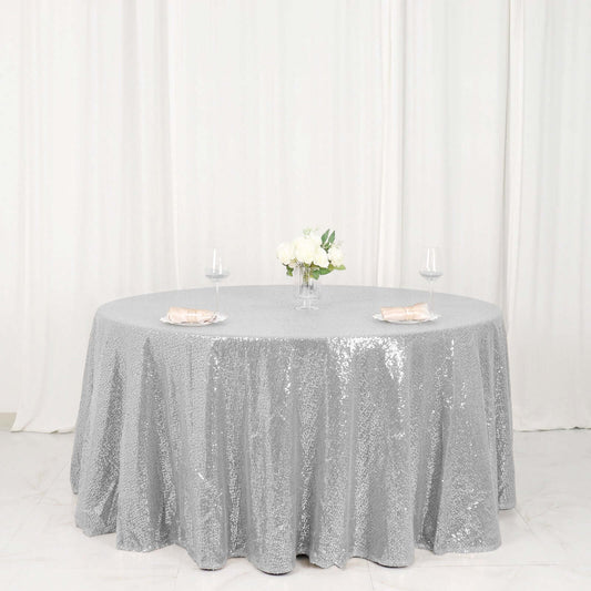 Sequin 120" Round Tablecloth Silver - Seamless Glittering Table Cover - NestOCart