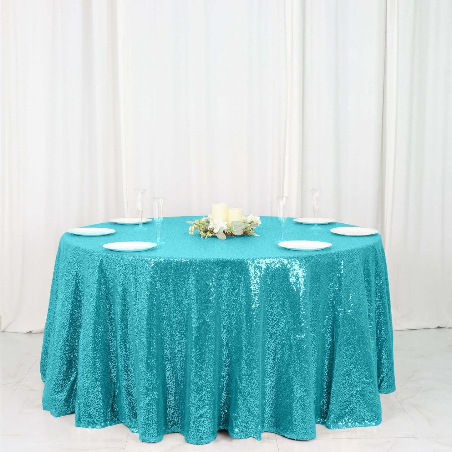 Sequin 120" Round Tablecloth Turquoise - Seamless Glittering Table Cover - NestOCart