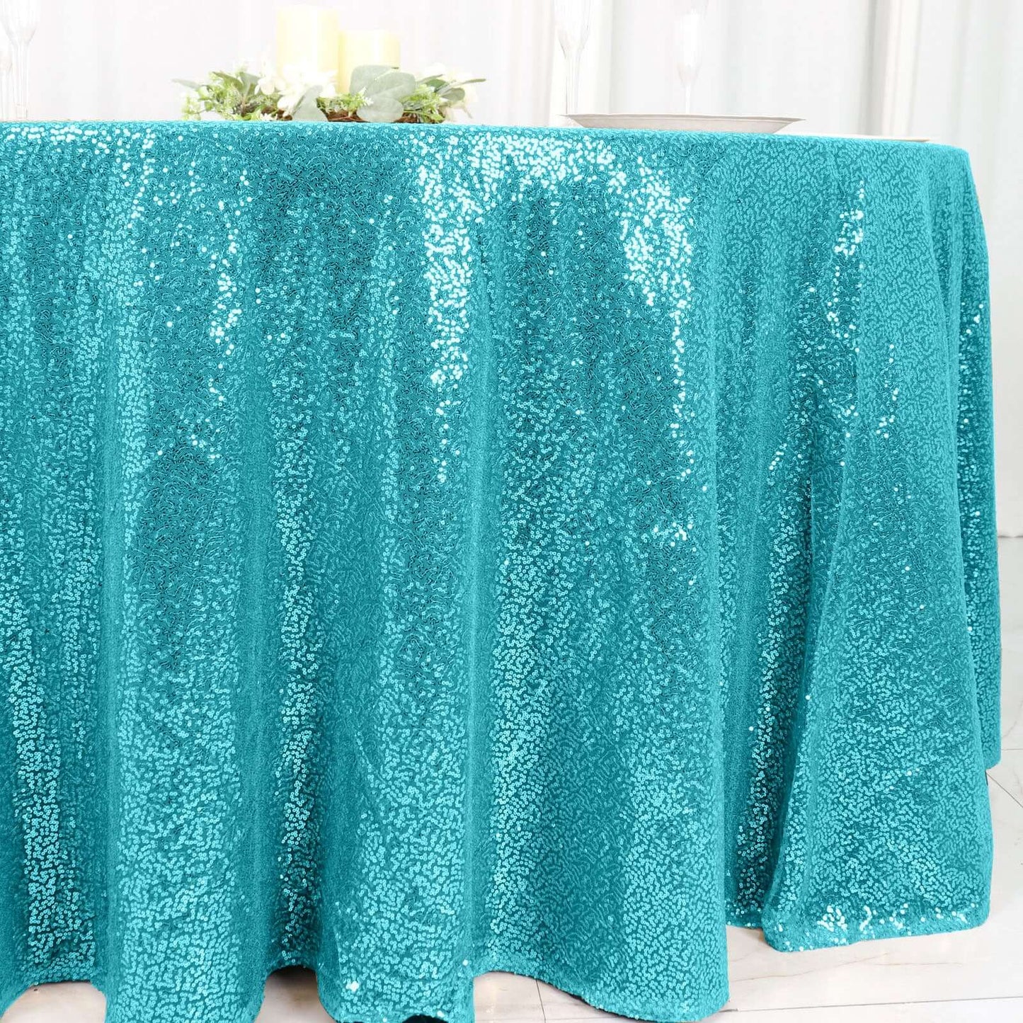 Sequin 120" Round Tablecloth Turquoise - Seamless Glittering Table Cover - NestOCart