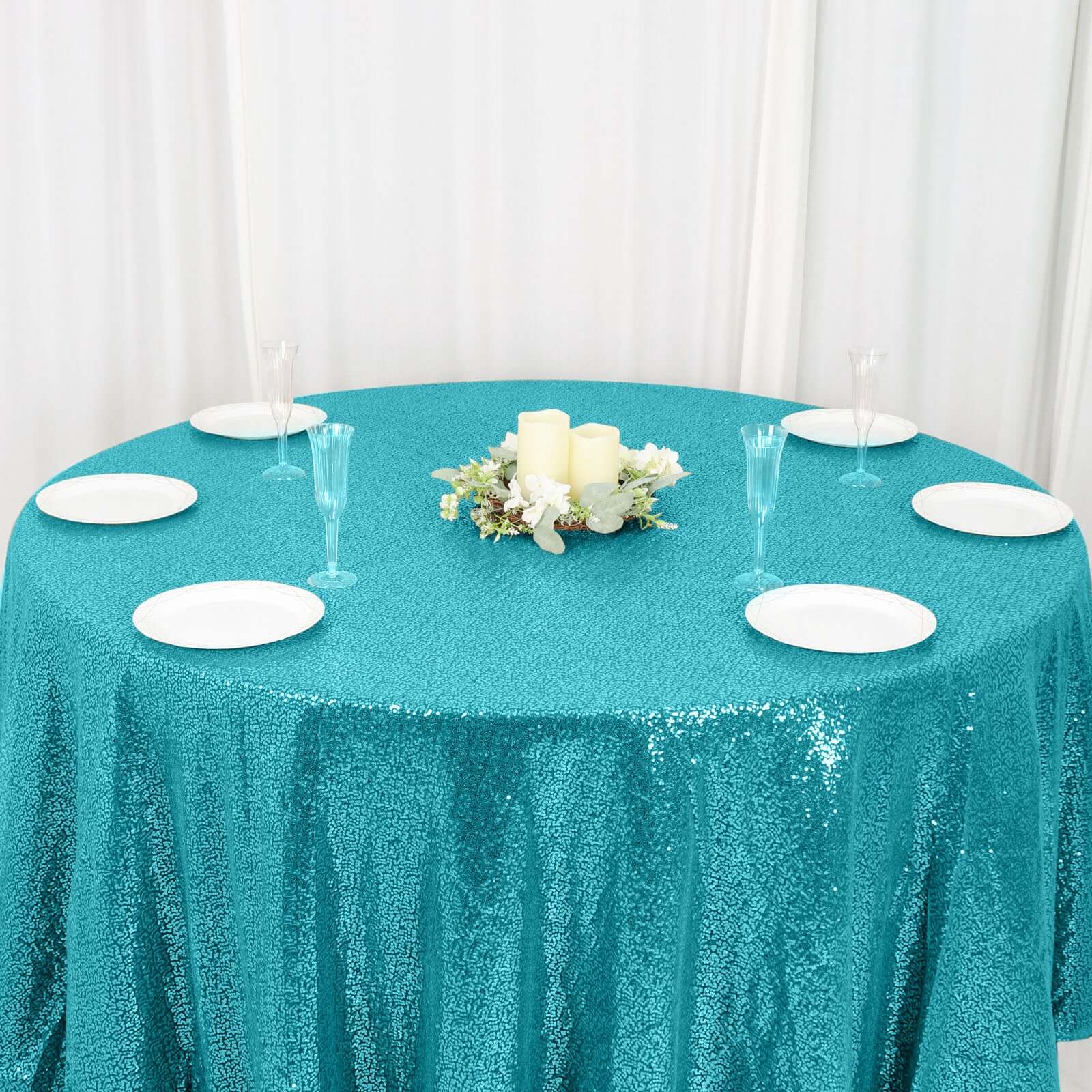 Sequin 120" Round Tablecloth Turquoise - Seamless Glittering Table Cover - NestOCart