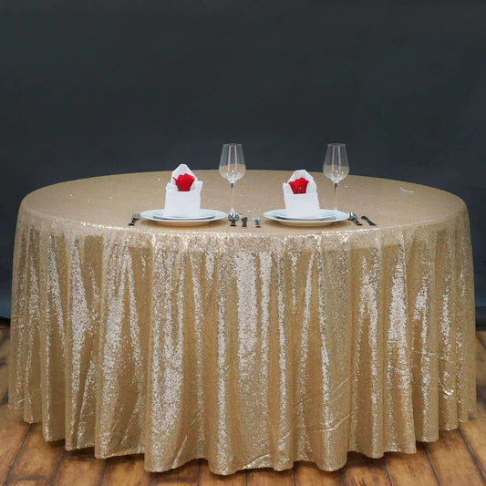 Sequin 132" Round Tablecloth Champagne - Seamless Dazzling Table Cover - NestOCart