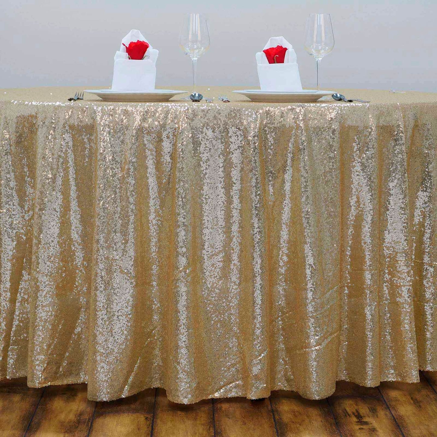 Sequin 132" Round Tablecloth Champagne - Seamless Dazzling Table Cover - NestOCart