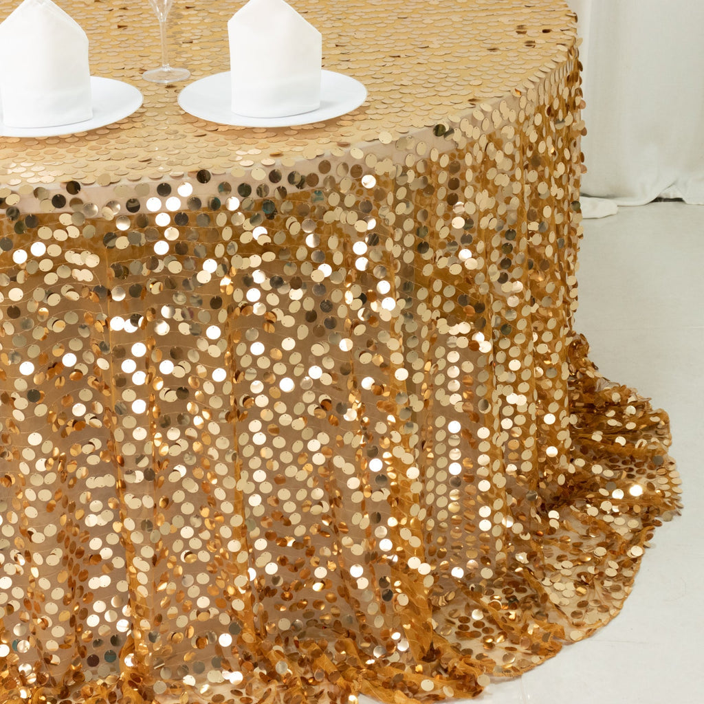 Sequin 132" Round Tablecloth Gold - Big Payette Table Cover - Bell Racket Store