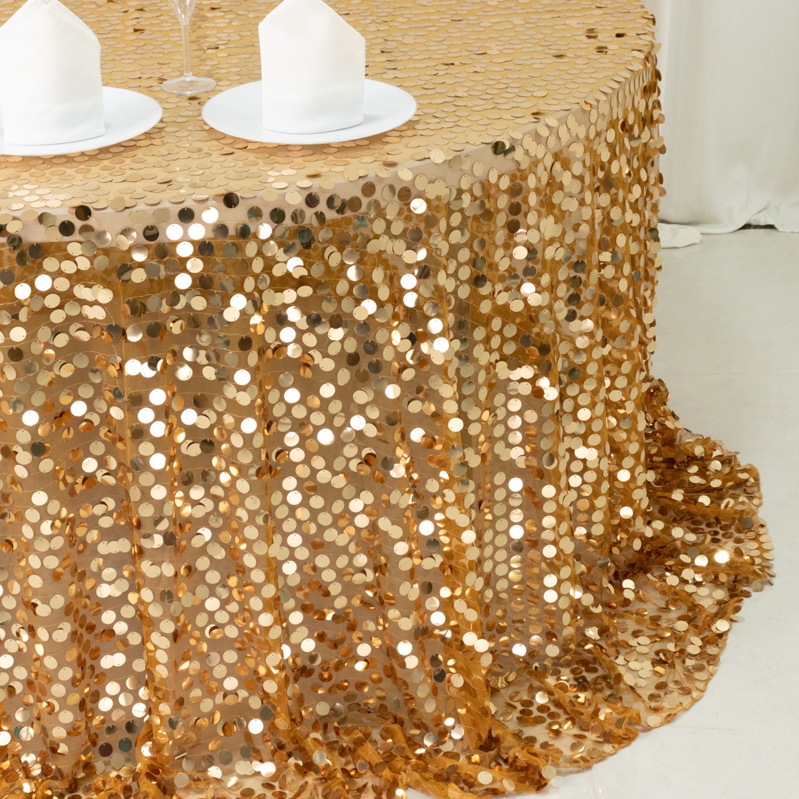 Sequin 132" Round Tablecloth Gold - Big Payette Table Cover - Bell Racket Store