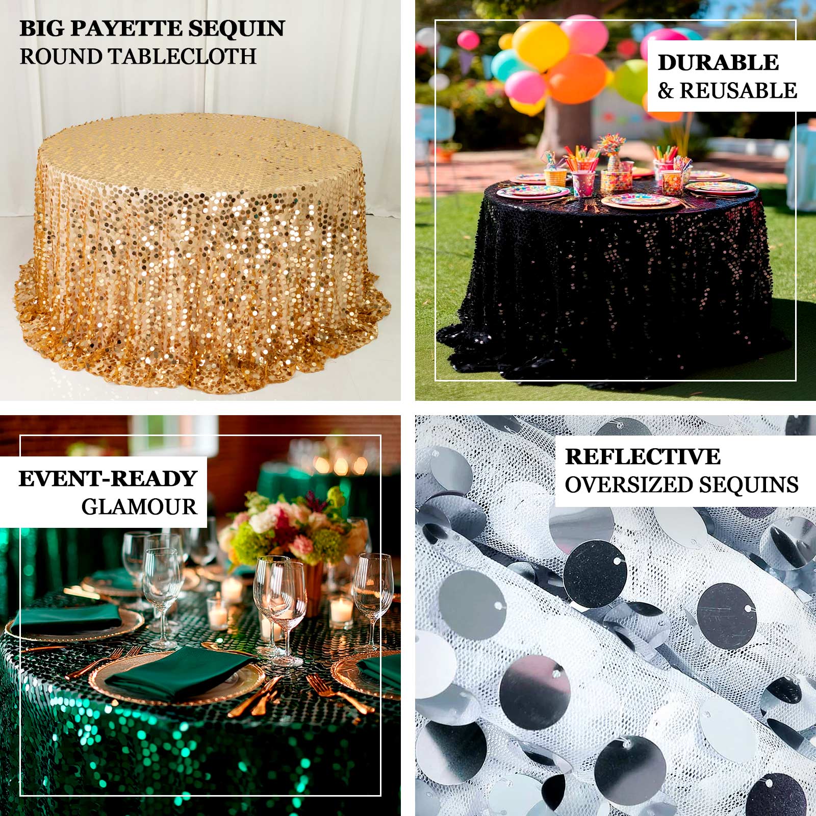 Sequin 132" Round Tablecloth Hunter Emerald Green - Big Payette Table Cover - Bell Racket Store