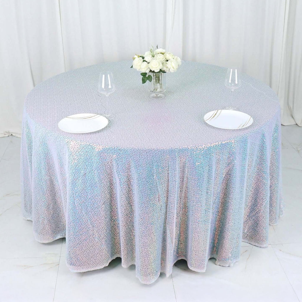 Sequin 132" Round Tablecloth Iridescent Blue - Seamless Dazzling Table Cover - Bell Racket Store