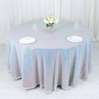 Sequin 132" Round Tablecloth Iridescent Blue - Seamless Dazzling Table Cover - Bell Racket Store