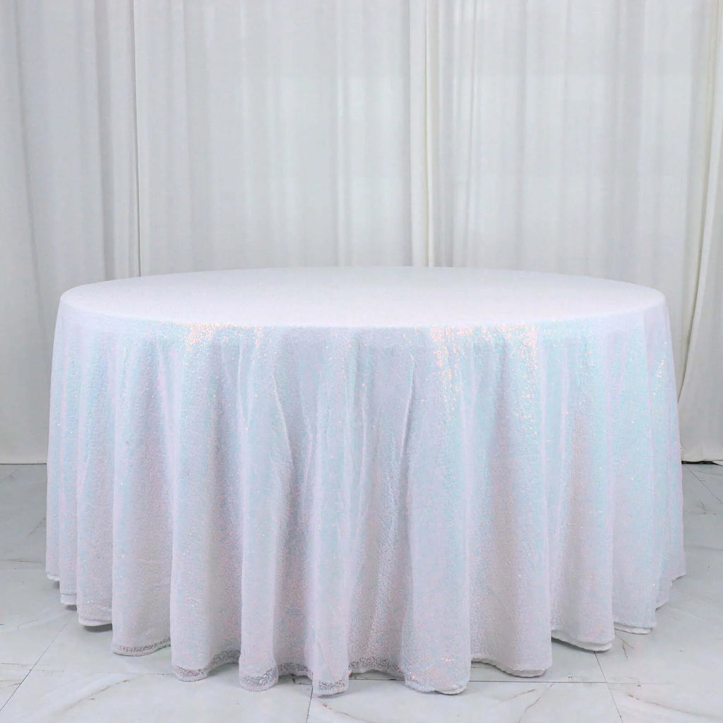 Sequin 132" Round Tablecloth Iridescent Blue - Seamless Dazzling Table Cover - Bell Racket Store