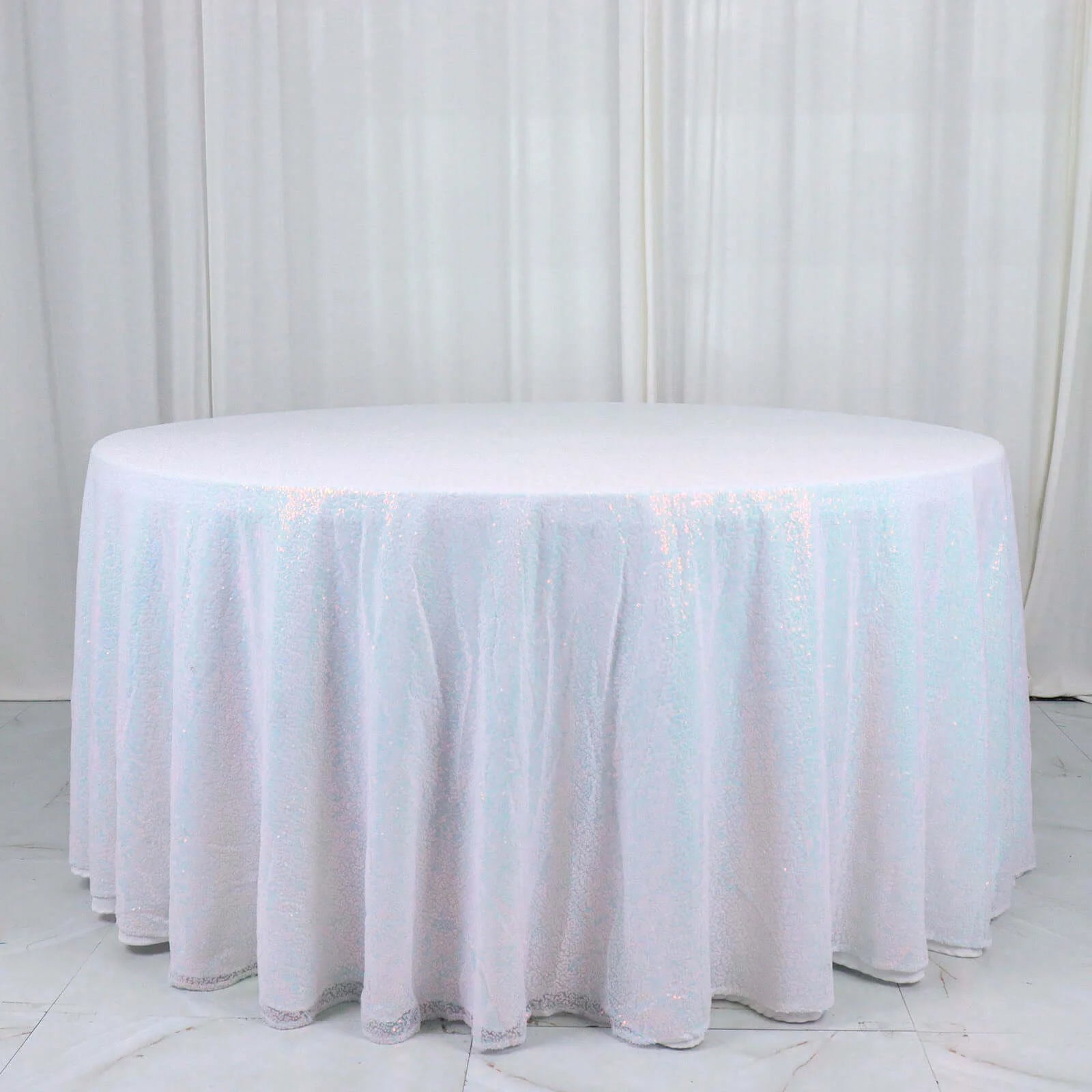 Sequin 132" Round Tablecloth Iridescent Blue - Seamless Dazzling Table Cover - Bell Racket Store