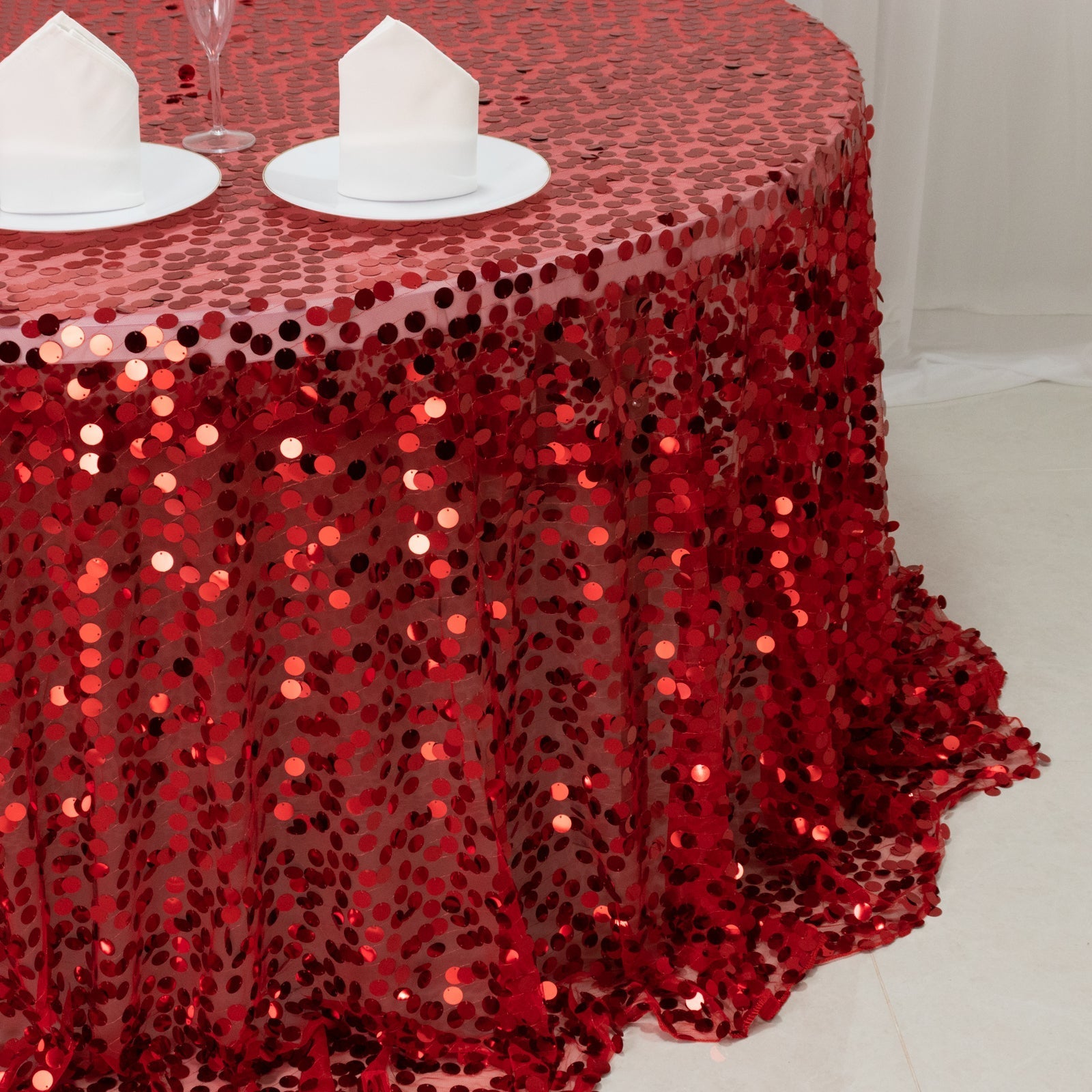 Sequin 132" Round Tablecloth Red - Big Payette Table Cover - Bell Racket Store