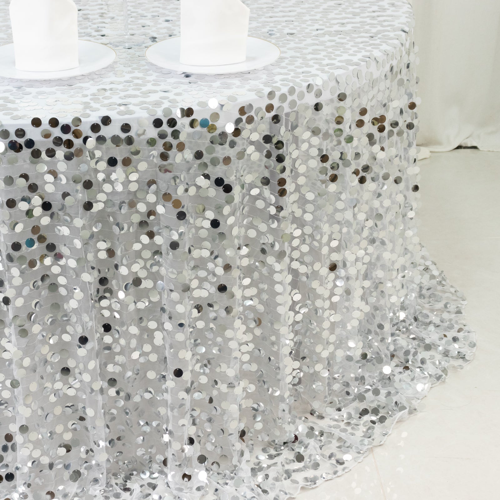 Sequin 132" Round Tablecloth Silver - Big Payette Table Cover - Bell Racket Store
