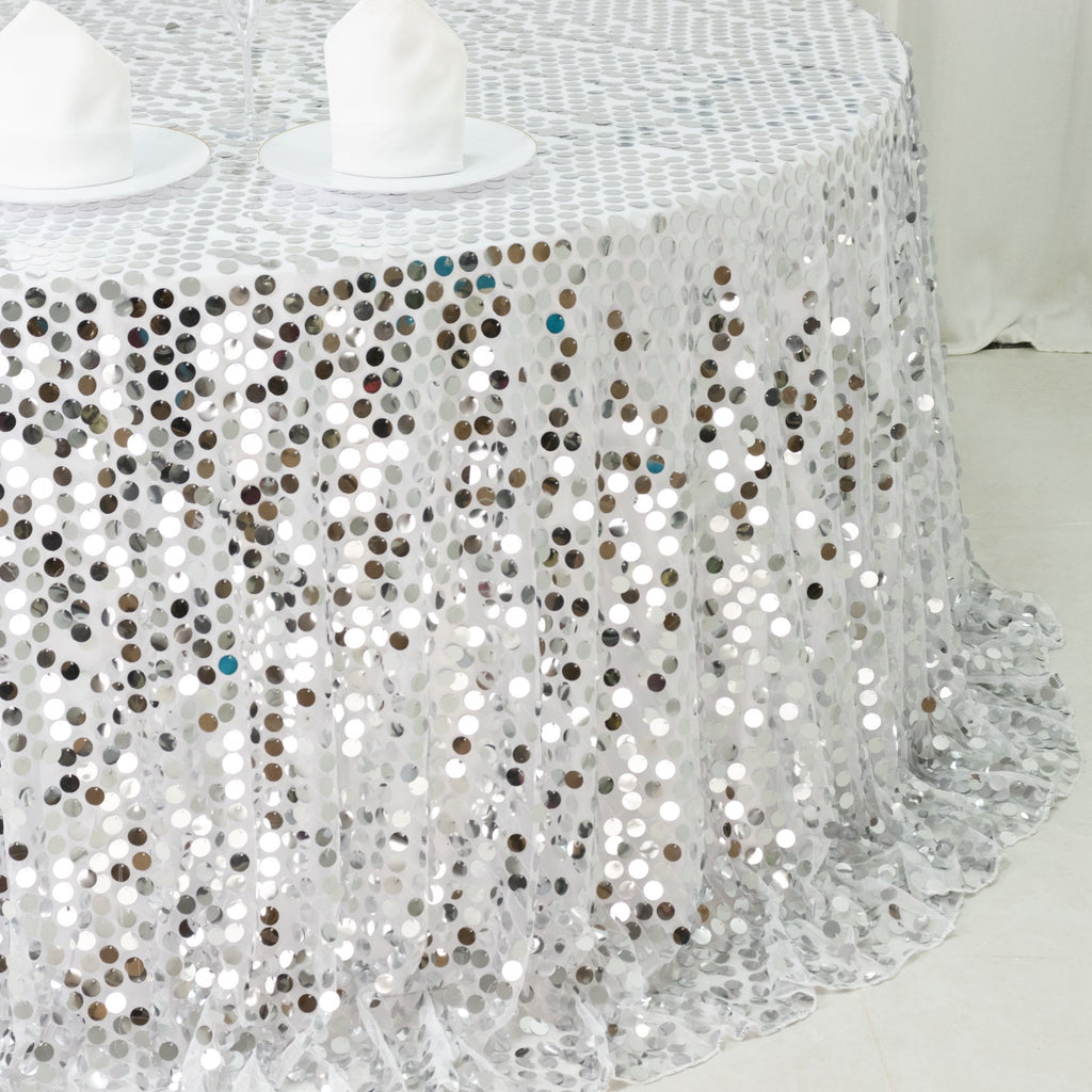 Sequin 132" Round Tablecloth Silver - Big Payette Table Cover - Bell Racket Store