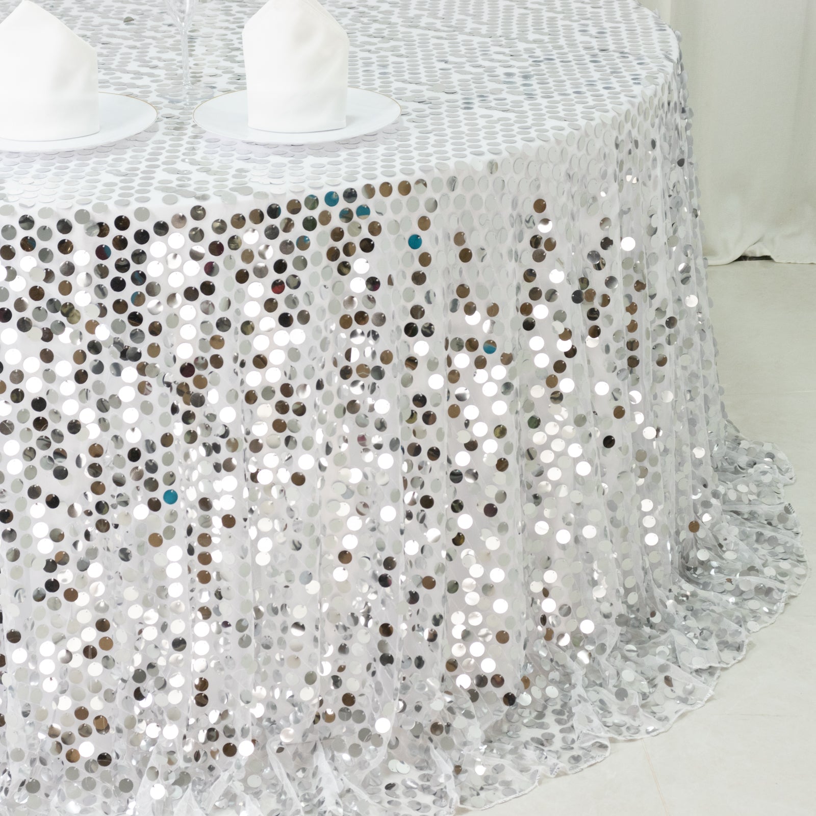 Sequin 132" Round Tablecloth Silver - Big Payette Table Cover - Bell Racket Store